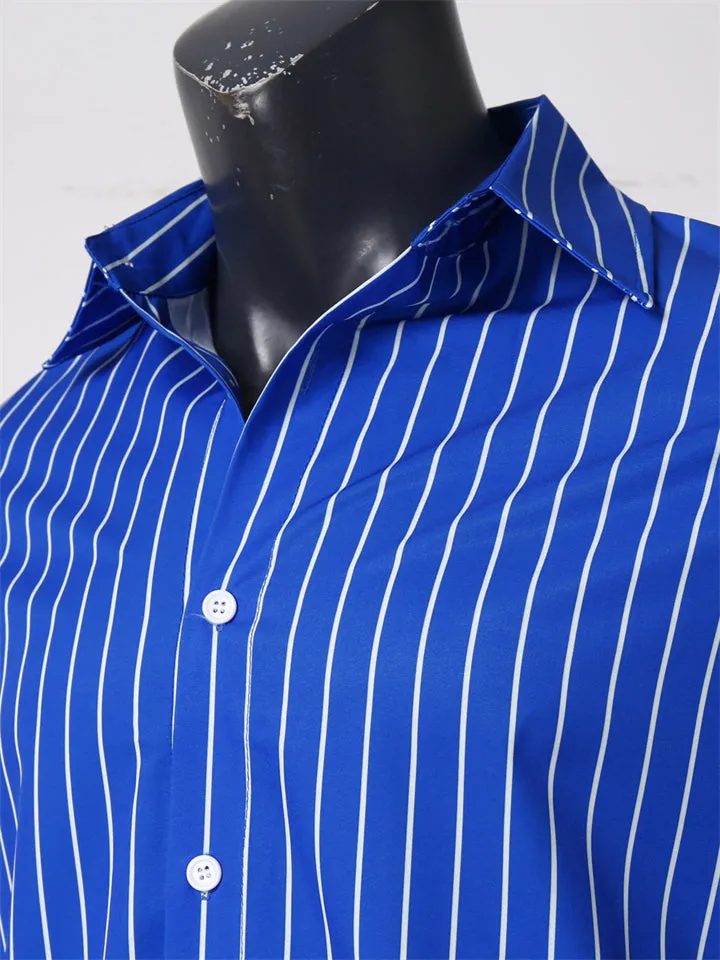 Men's Lapel Striped Button Up Long Sleeve Vacation Party Shirt