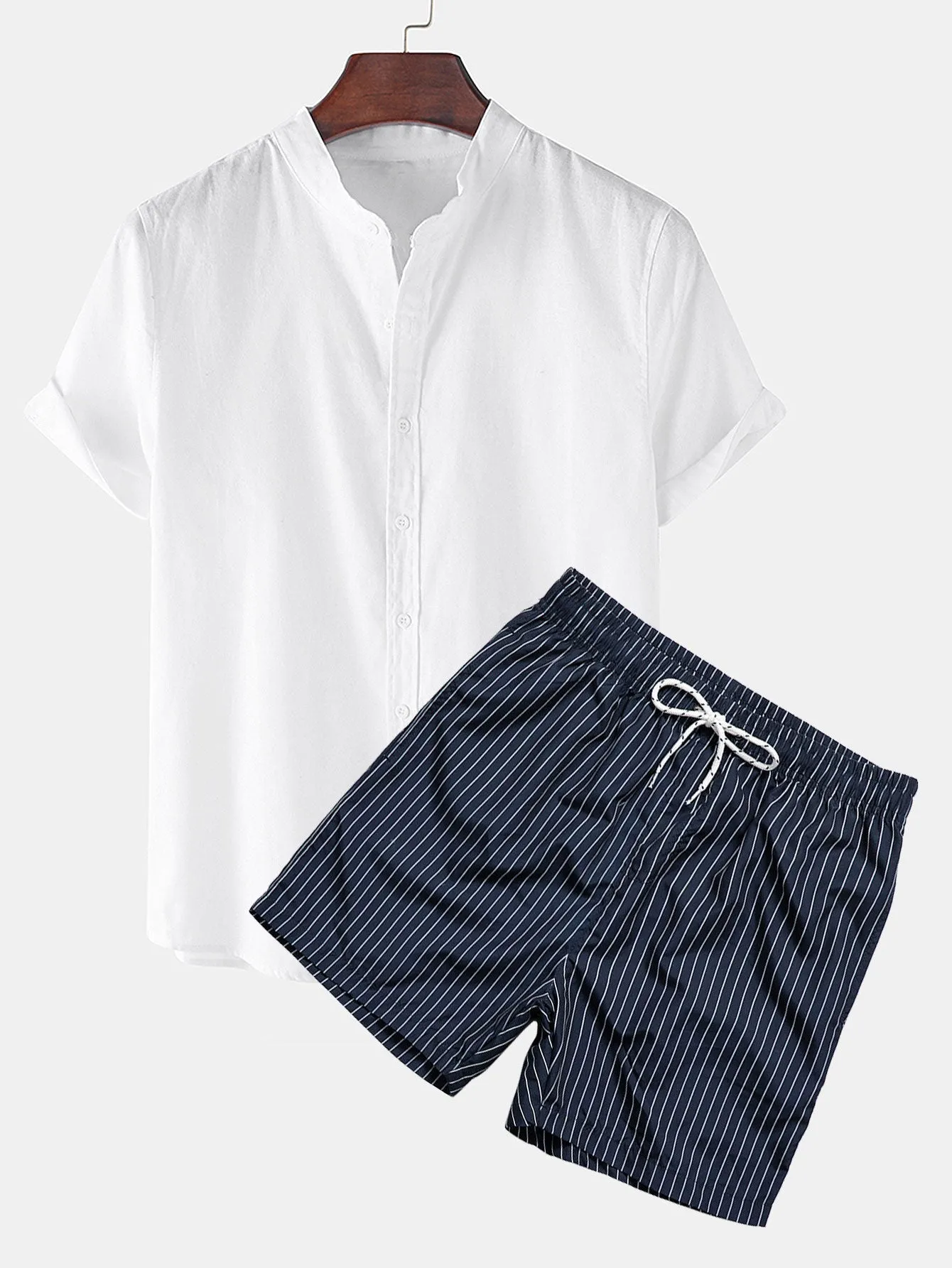 Men's Linen Look Short Sleeve Shirt & Striped Print Swim Shorts
