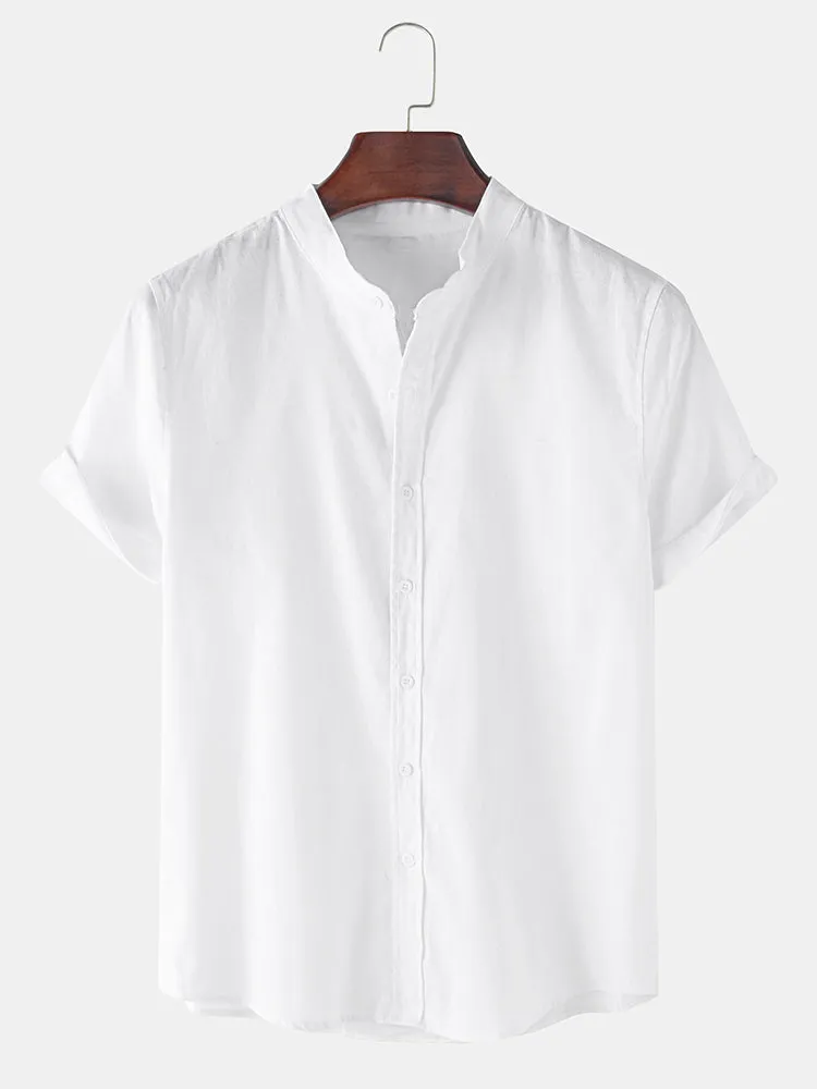 Men's Linen Look Short Sleeve Shirt & Striped Print Swim Shorts
