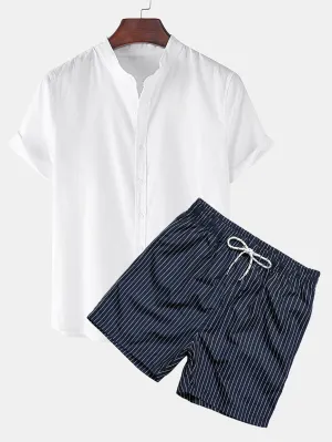 Men's Linen Look Short Sleeve Shirt & Striped Print Swim Shorts