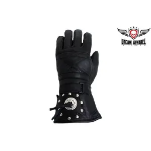 Men's Motorcycle Long Guantlet Lined gloves with Conchos and Studs