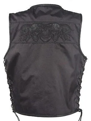 MEN'S MOTORCYCLE SKULL TEXTLE VEST W/2GUN POCKETS & SIDE LACES WITH LEATHER TRIM
