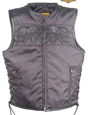 MEN'S MOTORCYCLE SKULL TEXTLE VEST W/2GUN POCKETS & SIDE LACES WITH LEATHER TRIM