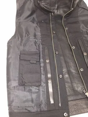 MEN'S MOTORCYCLE SON OF ANARCHY LEATHER COLLARLESS VEST 2 GUN POCKETS W/ZIPPER