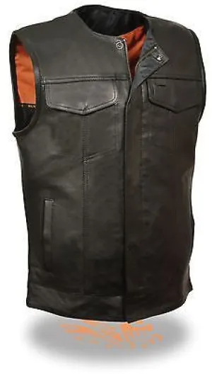 MEN'S MOTORCYCLE SON OF ANARCHY LEATHER COLLARLESS VEST 2 GUN POCKETS W/ZIPPER