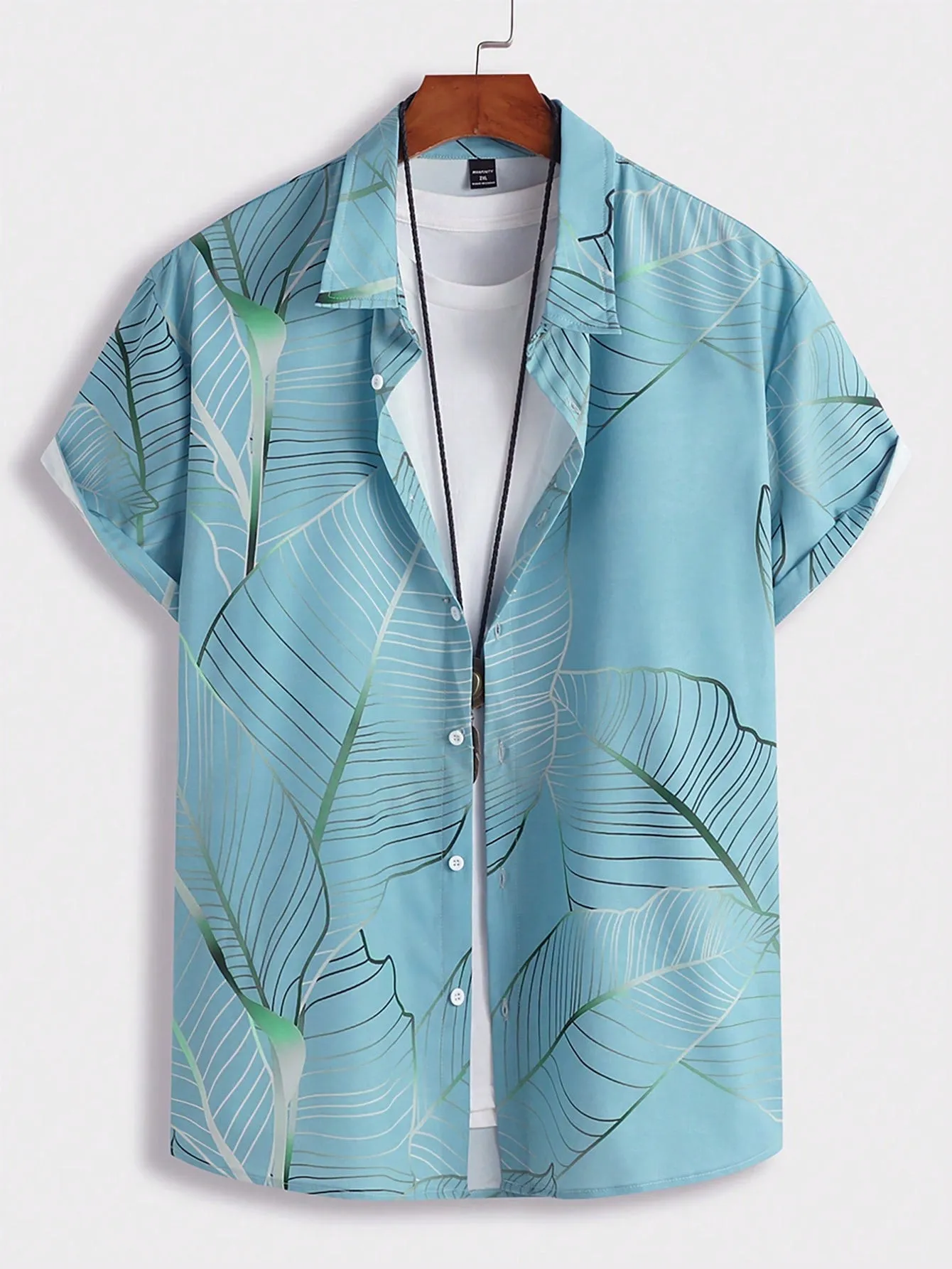 Men's Plus Size Vacation Leaf Print Short Sleeve Loose Casual Color Block Collar Shirt, Vacation, Beach