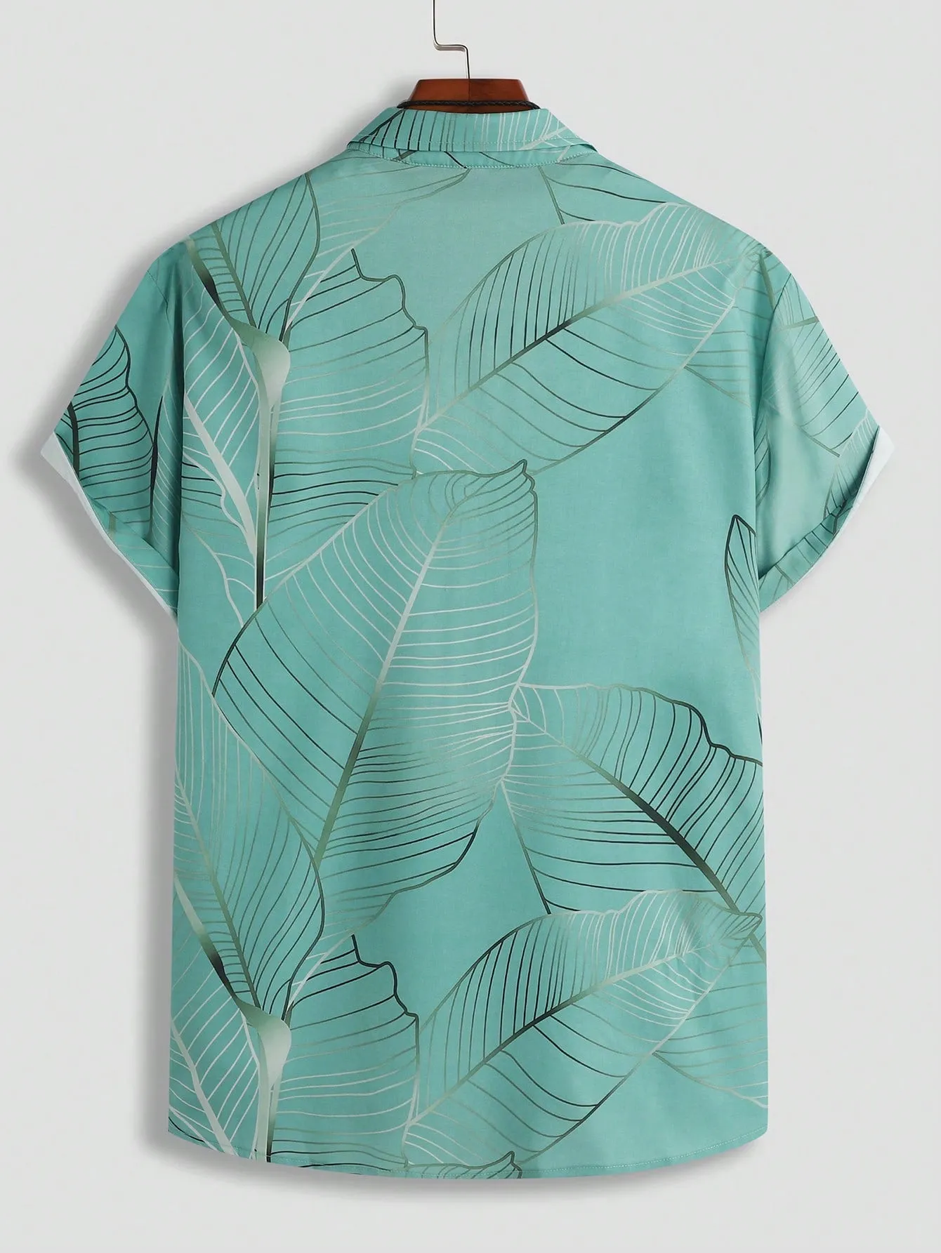 Men's Plus Size Vacation Leaf Print Short Sleeve Loose Casual Color Block Collar Shirt, Vacation, Beach