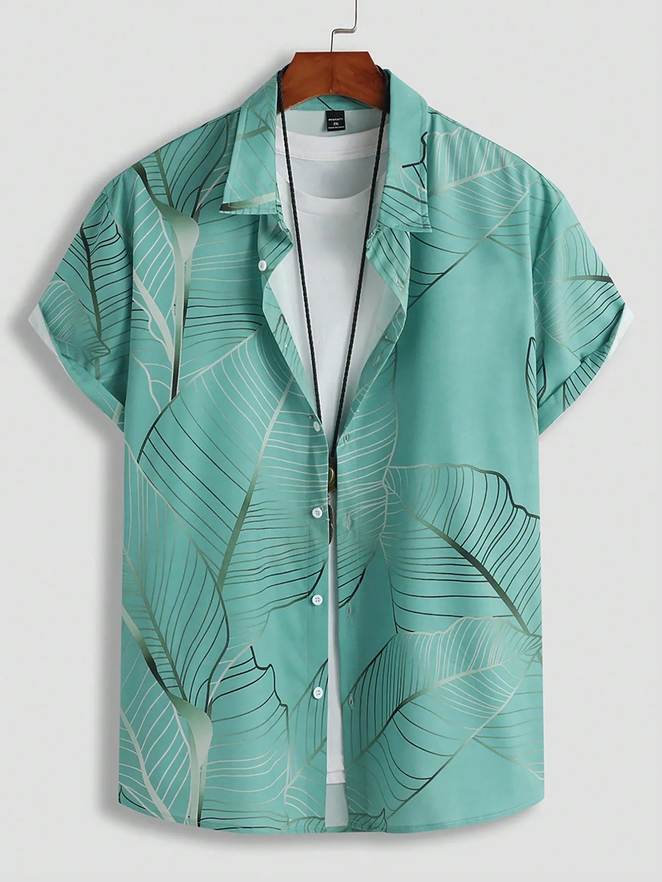 Men's Plus Size Vacation Leaf Print Short Sleeve Loose Casual Color Block Collar Shirt, Vacation, Beach