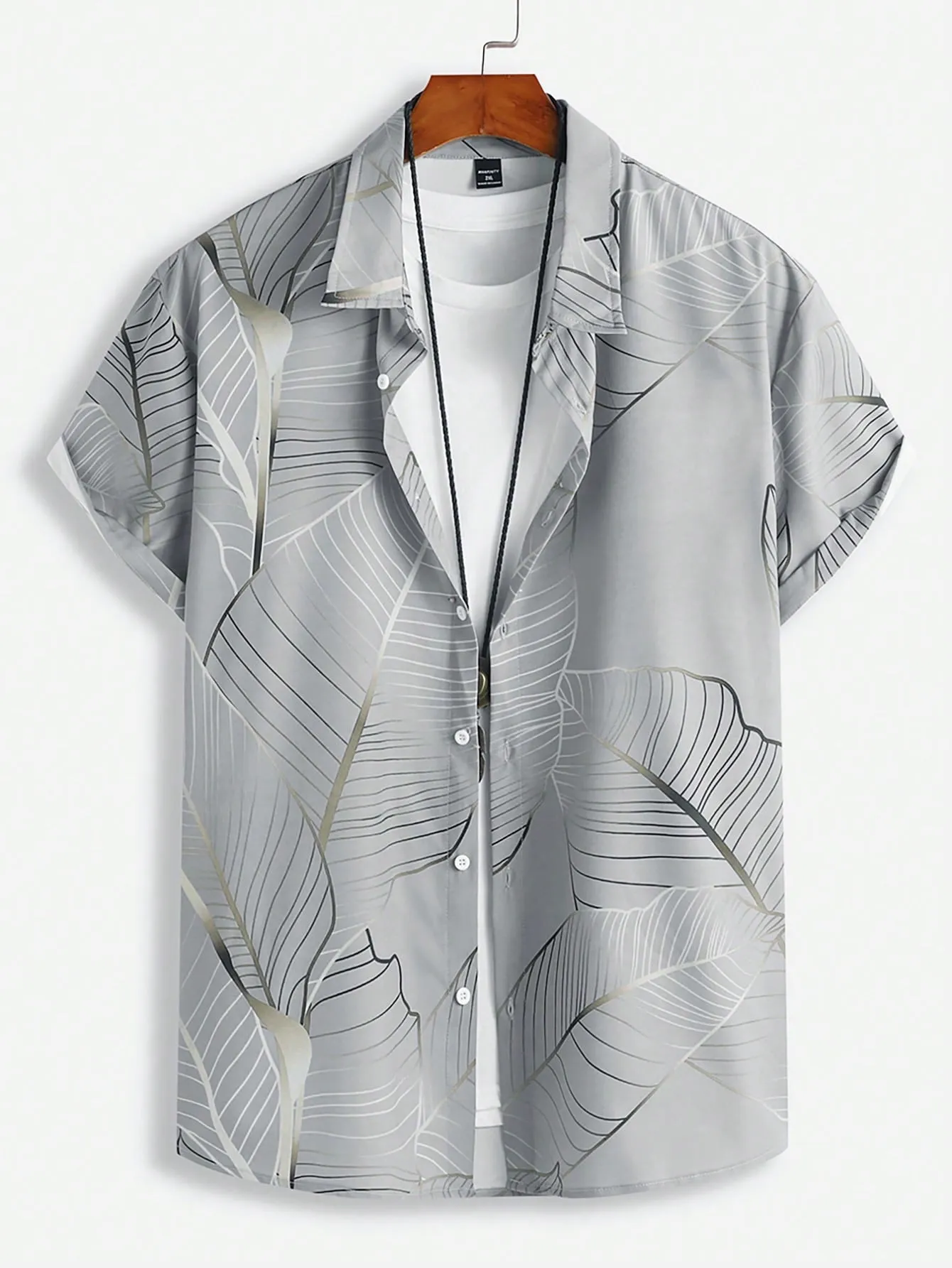 Men's Plus Size Vacation Leaf Print Short Sleeve Loose Casual Color Block Collar Shirt, Vacation, Beach