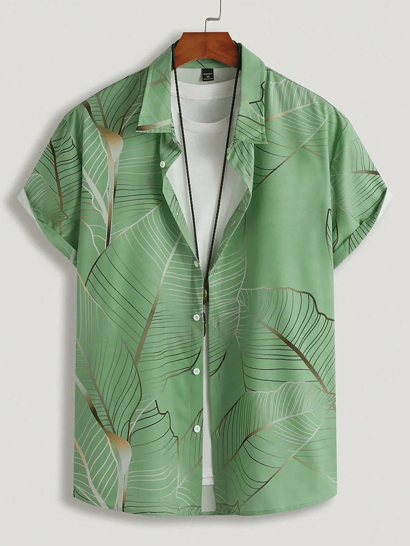 Men's Plus Size Vacation Leaf Print Short Sleeve Loose Casual Color Block Collar Shirt, Vacation, Beach
