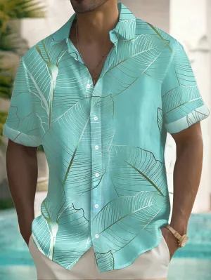 Men's Plus Size Vacation Leaf Print Short Sleeve Loose Casual Color Block Collar Shirt, Vacation, Beach