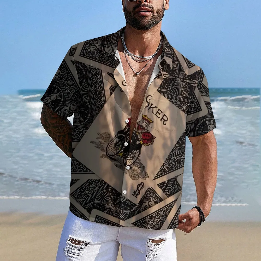Men's Poker Pattern Chest Pocket Short Sleeve Shirt 2402000283