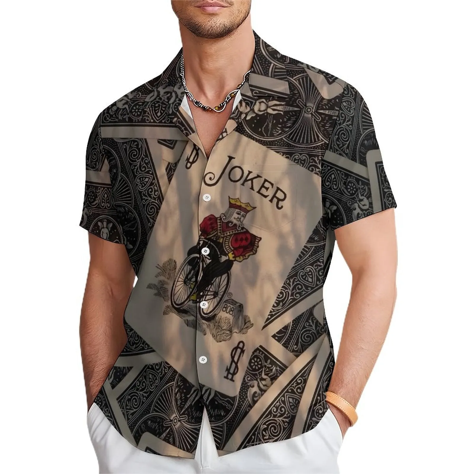 Men's Poker Pattern Chest Pocket Short Sleeve Shirt 2402000283