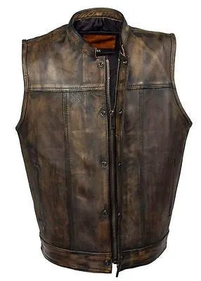 Men's Riding son of anarcy distressed brn leather vest single panel back