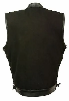 MEN'S SON OF ANARCHY BLK DENIM MOTORCYCLE VEST WITH LEATHER TRIM AND LACE SIDE
