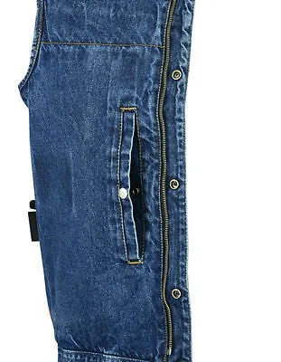 MEN'S SON OF ANARCHY BLUE DENIM COLLARLESS VEST 2 GUN POCKETS W/HOLSTERS ZIPPER