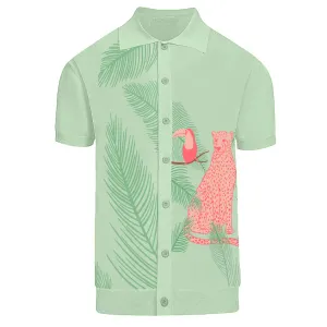 Men's Tropical Jungle Knit Shirt – Mint Green Button-Up with Toucan and Leopard