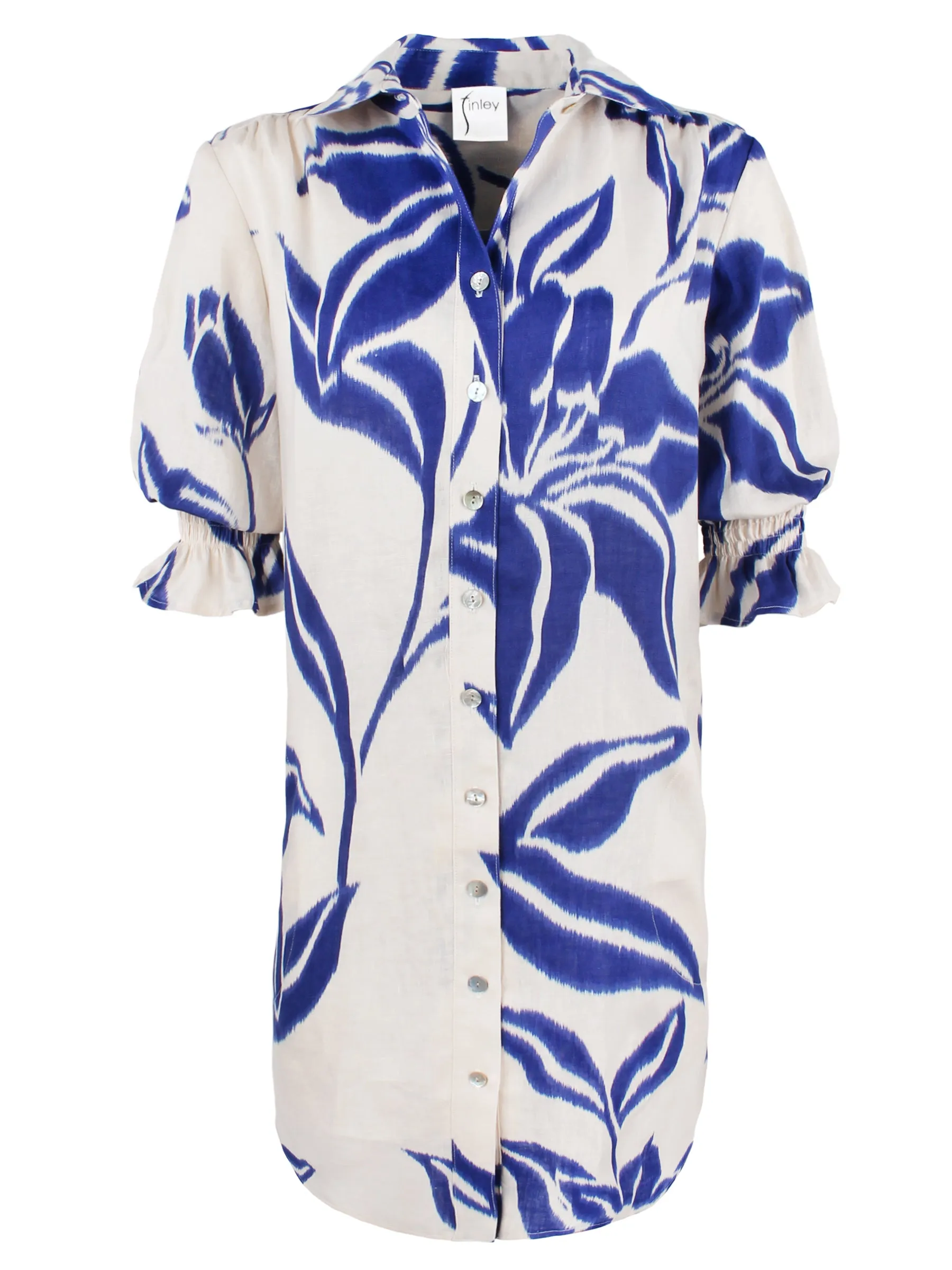 Miller Puff Sleeve Linen Shirt Dress Natural/Royal Batik