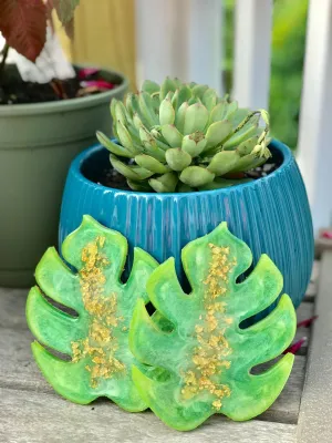 Monstera Leaf Coaster set of 2 with crushed glass and mirror.  Monstera leaf shaped resin coasters.