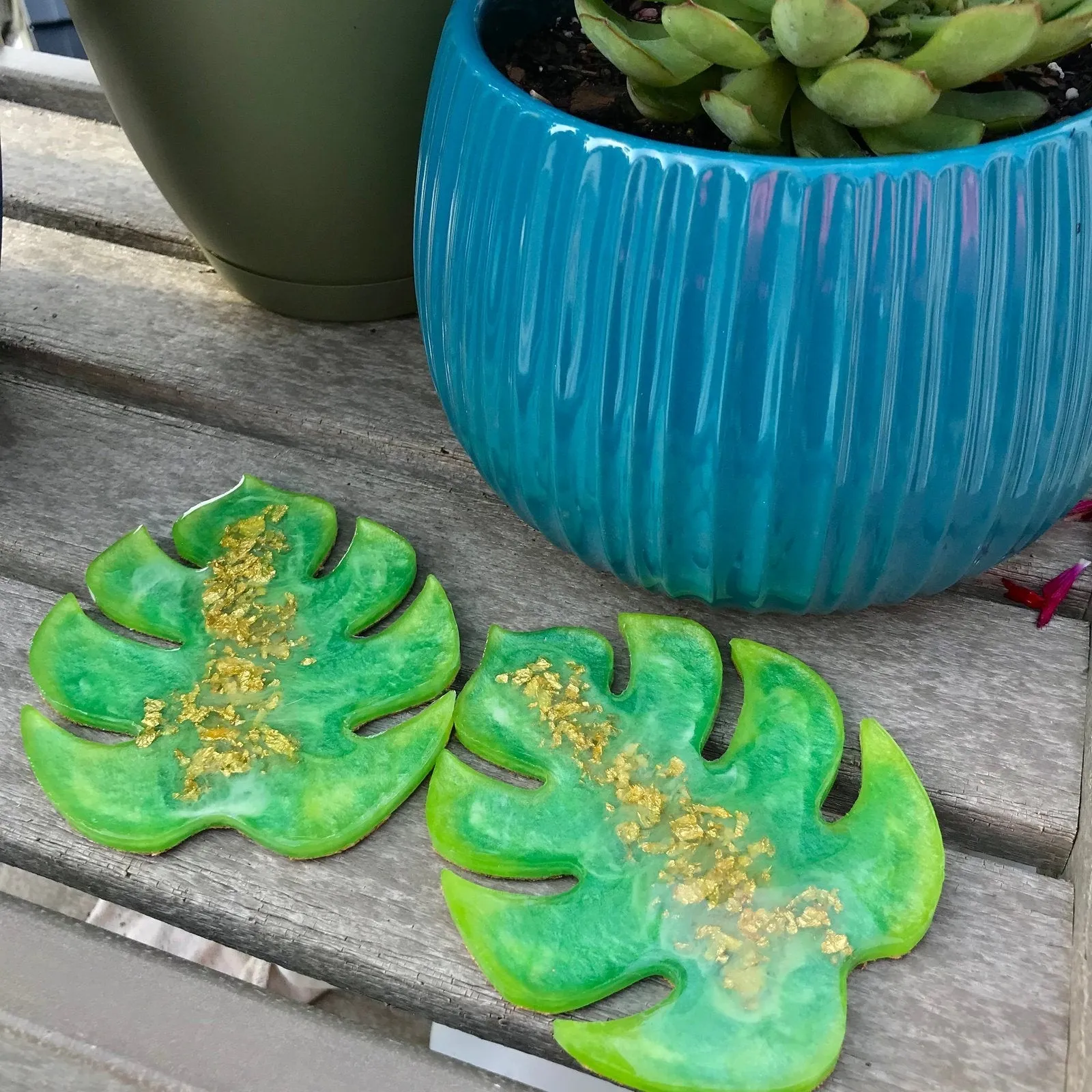 Monstera Leaf Coaster set of 2 with crushed glass and mirror.  Monstera leaf shaped resin coasters.