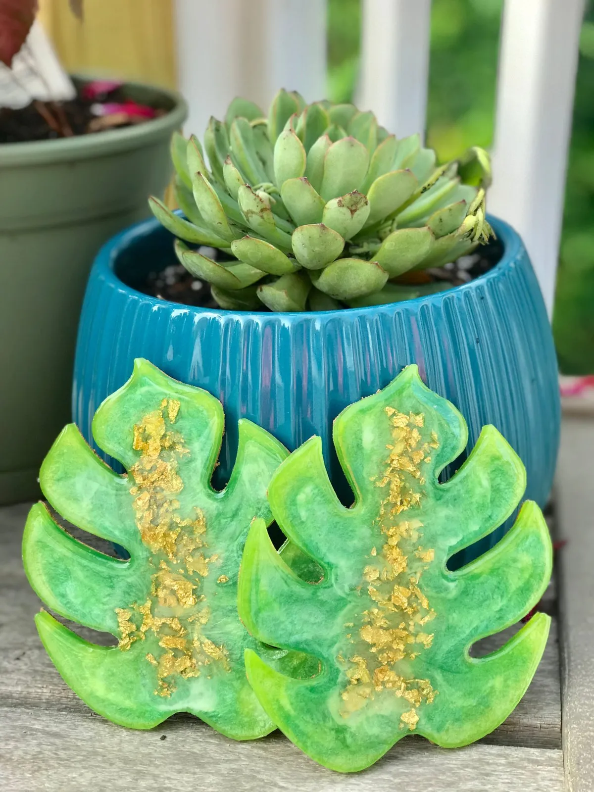 Monstera Leaf Coaster set of 2 with crushed glass and mirror.  Monstera leaf shaped resin coasters.
