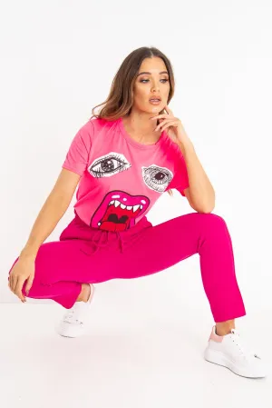Neon Pink Eyes Lips Print T-Shirt - Ayva
