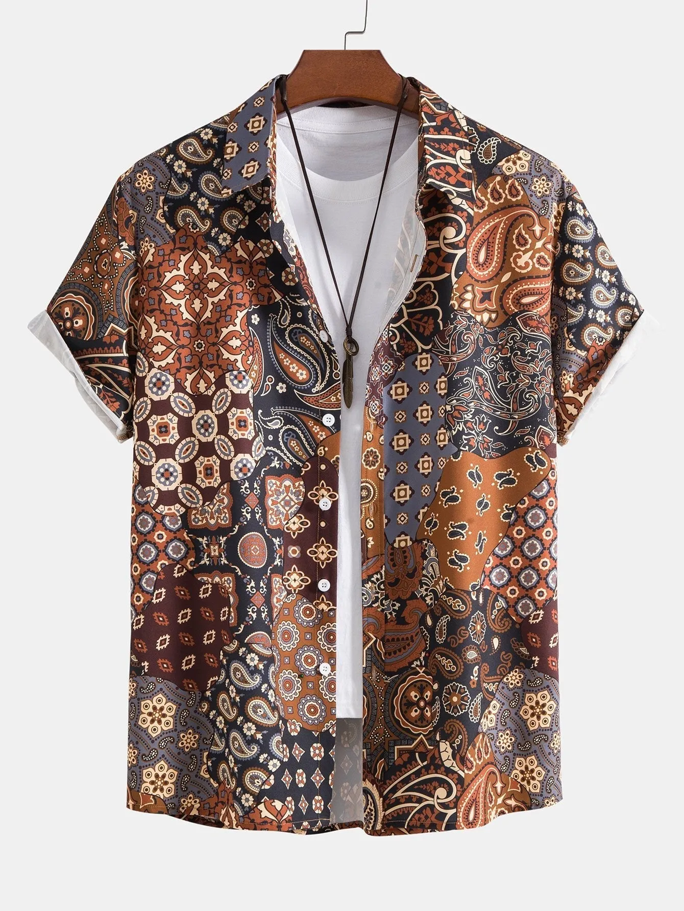 Oseas® | Paisley Patchwork Print Button Up Shirt & Corduroy Shorts