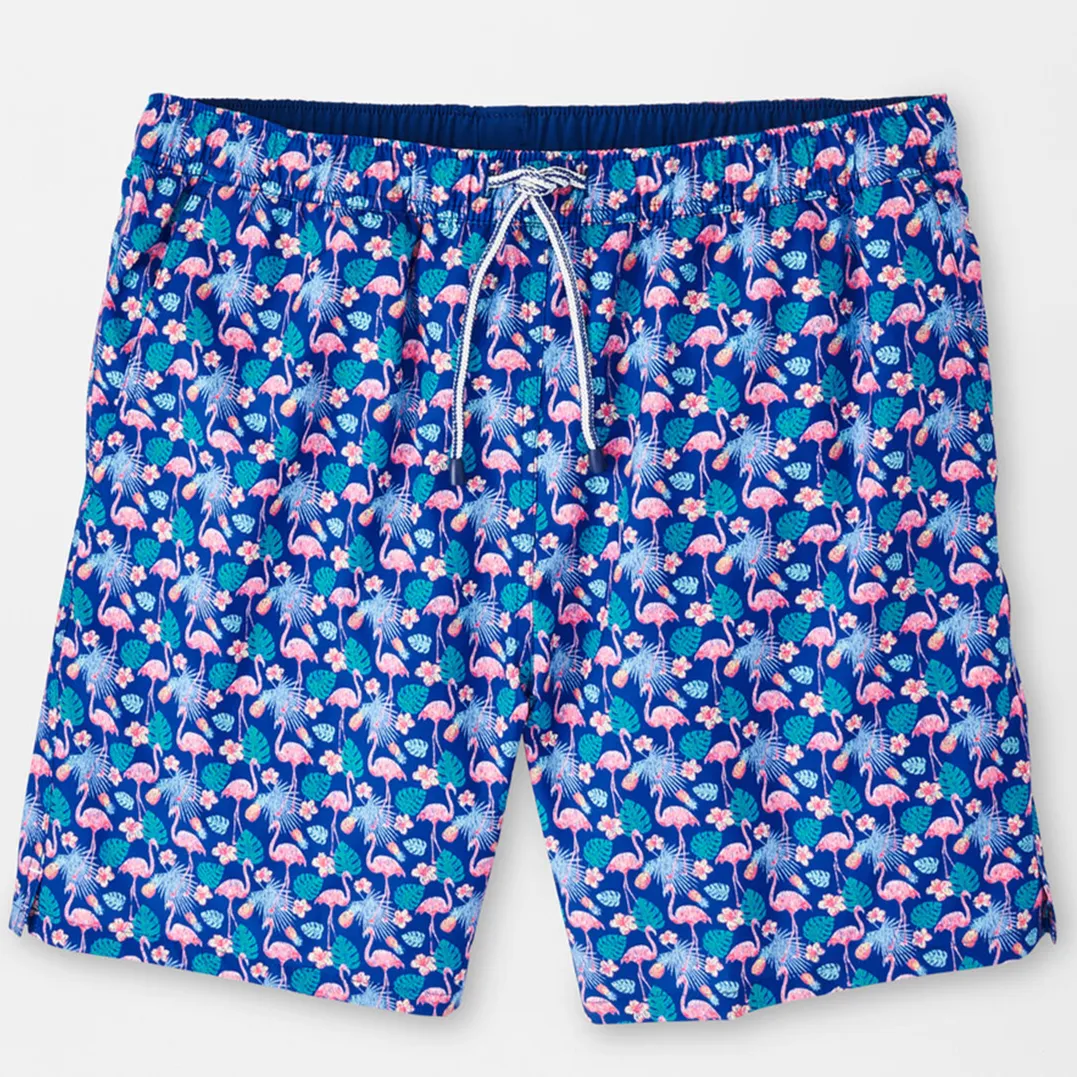 Peter Millar Mens Classic Fit 'FLAMINGO FLORAL' Swim Trunk - ATLANTIC BLUE
