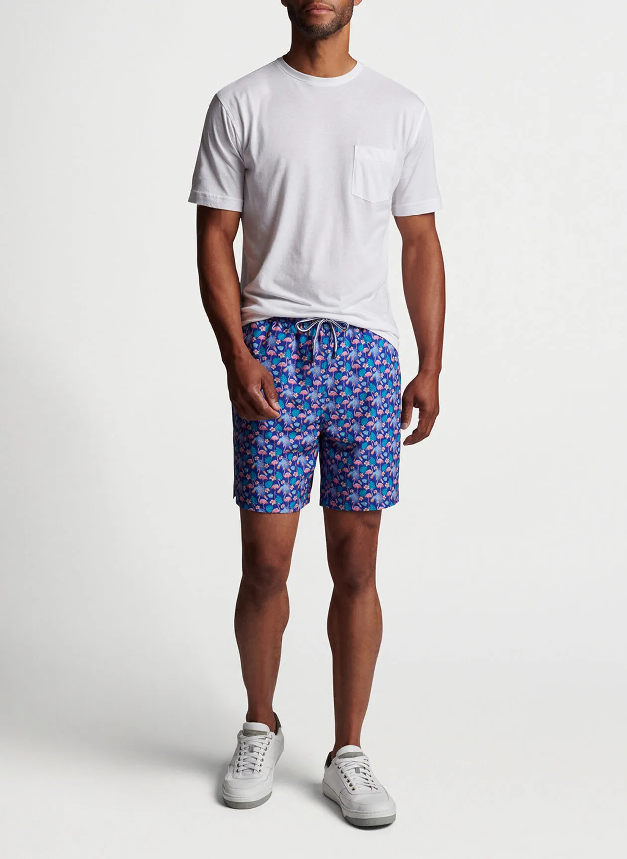 Peter Millar Mens Classic Fit 'FLAMINGO FLORAL' Swim Trunk - ATLANTIC BLUE