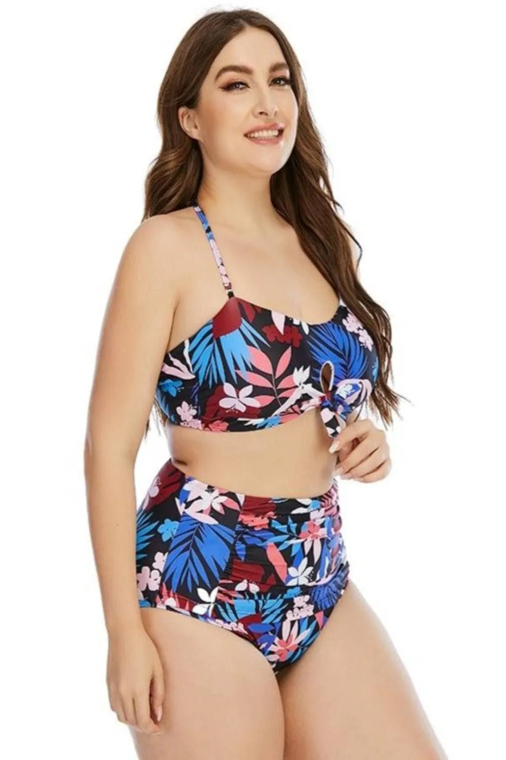 Plus Size Floral Leaf Print Bikini - Halter Crop Top & High Waist Bottom