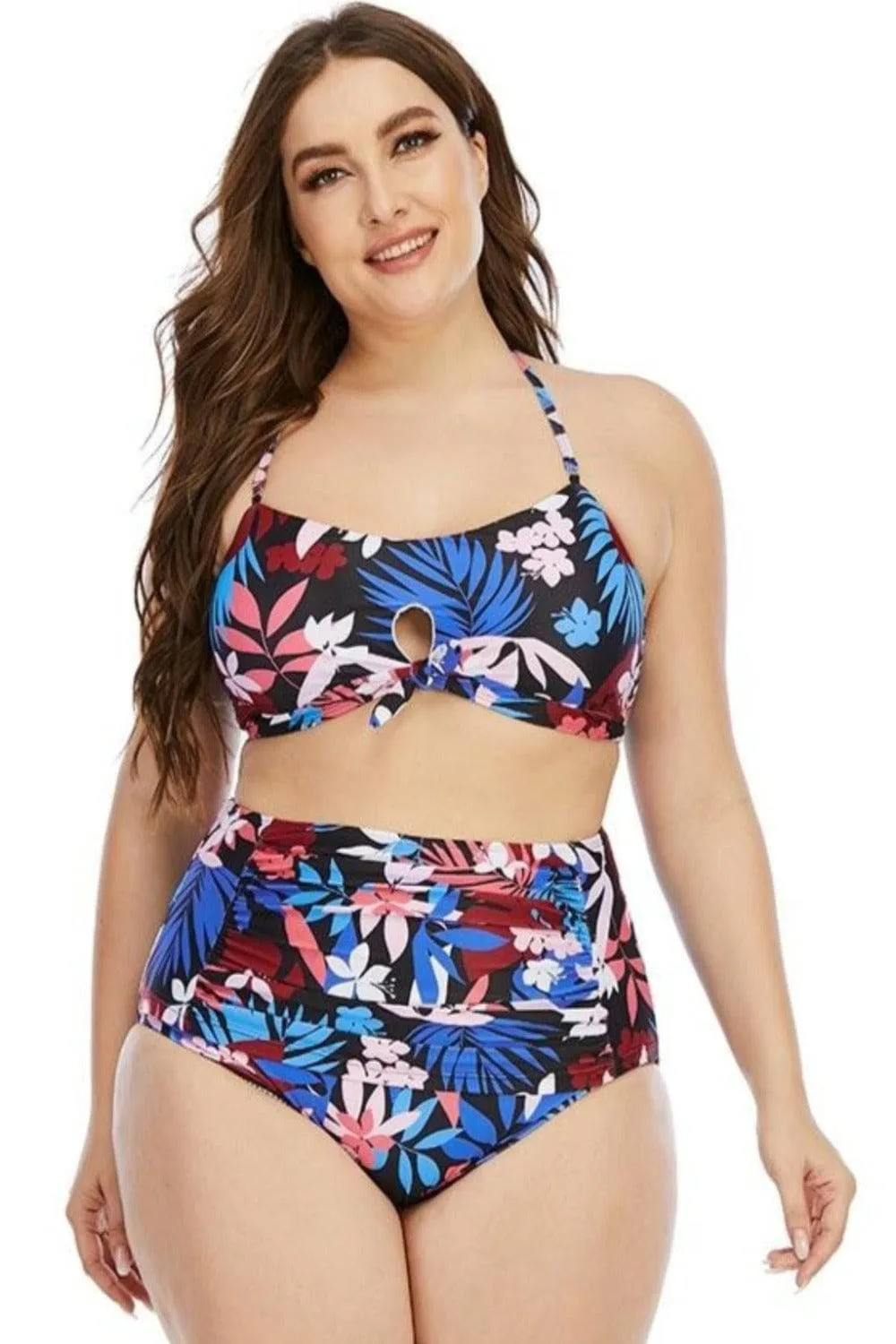 Plus Size Floral Leaf Print Bikini - Halter Crop Top & High Waist Bottom