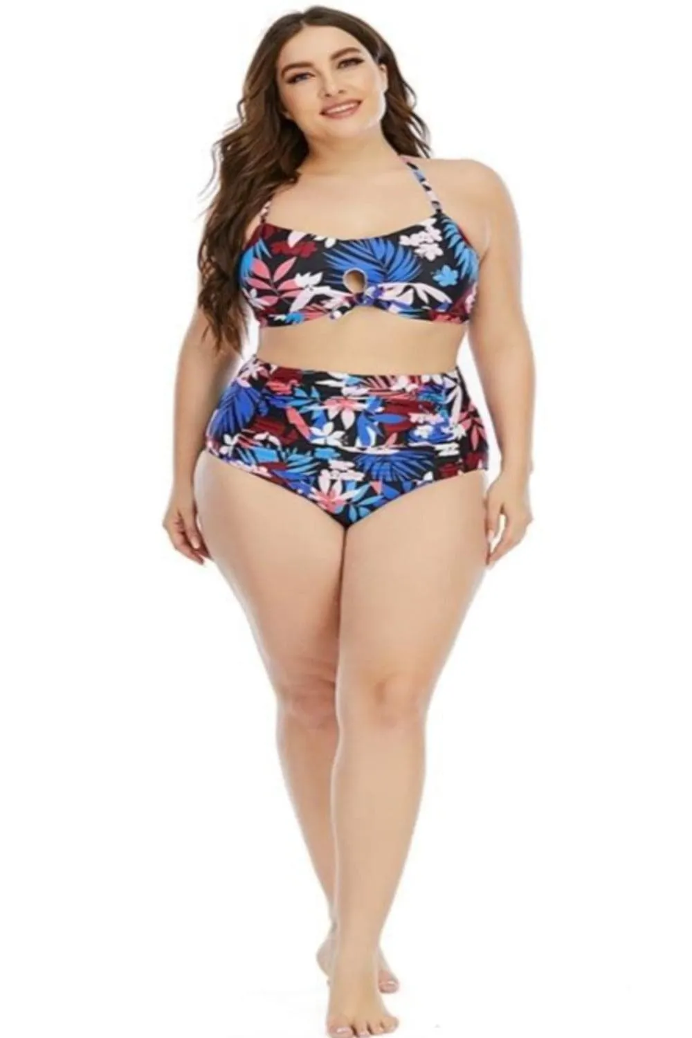 Plus Size Floral Leaf Print Bikini - Halter Crop Top & High Waist Bottom