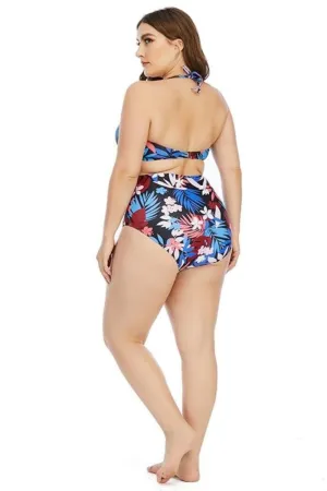 Plus Size Floral Leaf Print Bikini - Halter Crop Top & High Waist Bottom