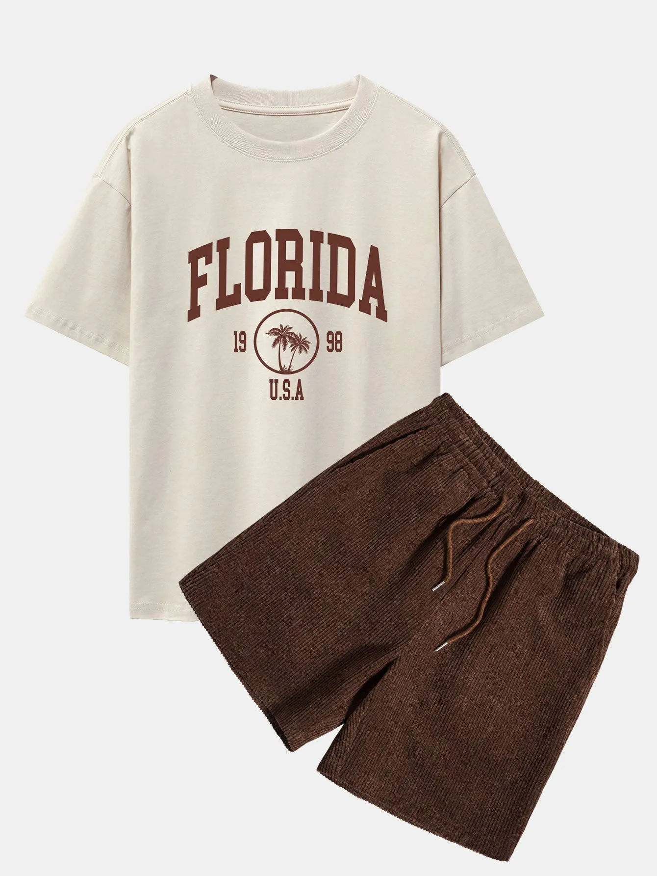 Policarpo® | Florida Palm Tree Print Heavy Weight Oversize T-Shirt & Corduroy Shorts