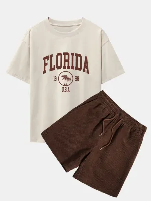 Policarpo® | Florida Palm Tree Print Heavy Weight Oversize T-Shirt & Corduroy Shorts