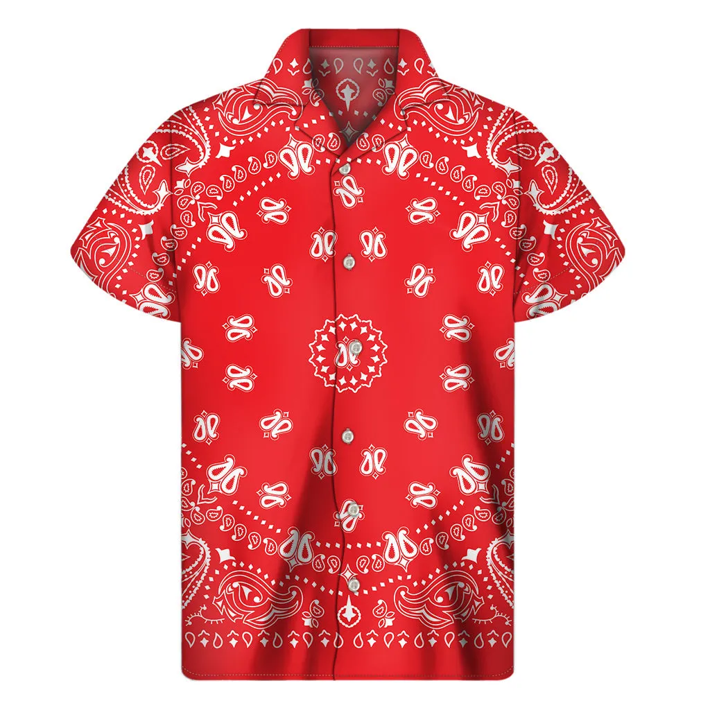 Red Paisley Bandana Print Hawaiian Style Short Sleeve Shirt