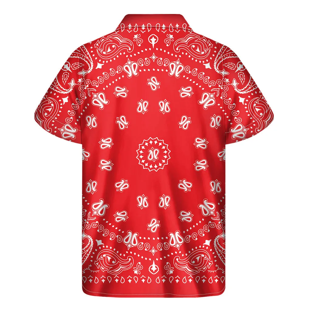 Red Paisley Bandana Print Hawaiian Style Short Sleeve Shirt
