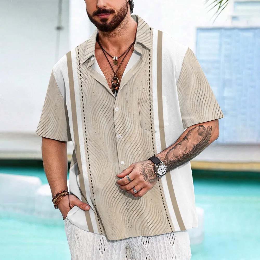 Retro Geometric Texture 3D Bowling Print Men's Button Pocket Short Sleeve Shirt 2405000266