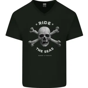 Ride the Seas Jolly Roger Skull Pirates Sailing Mens V-Neck Cotton T-Shirt