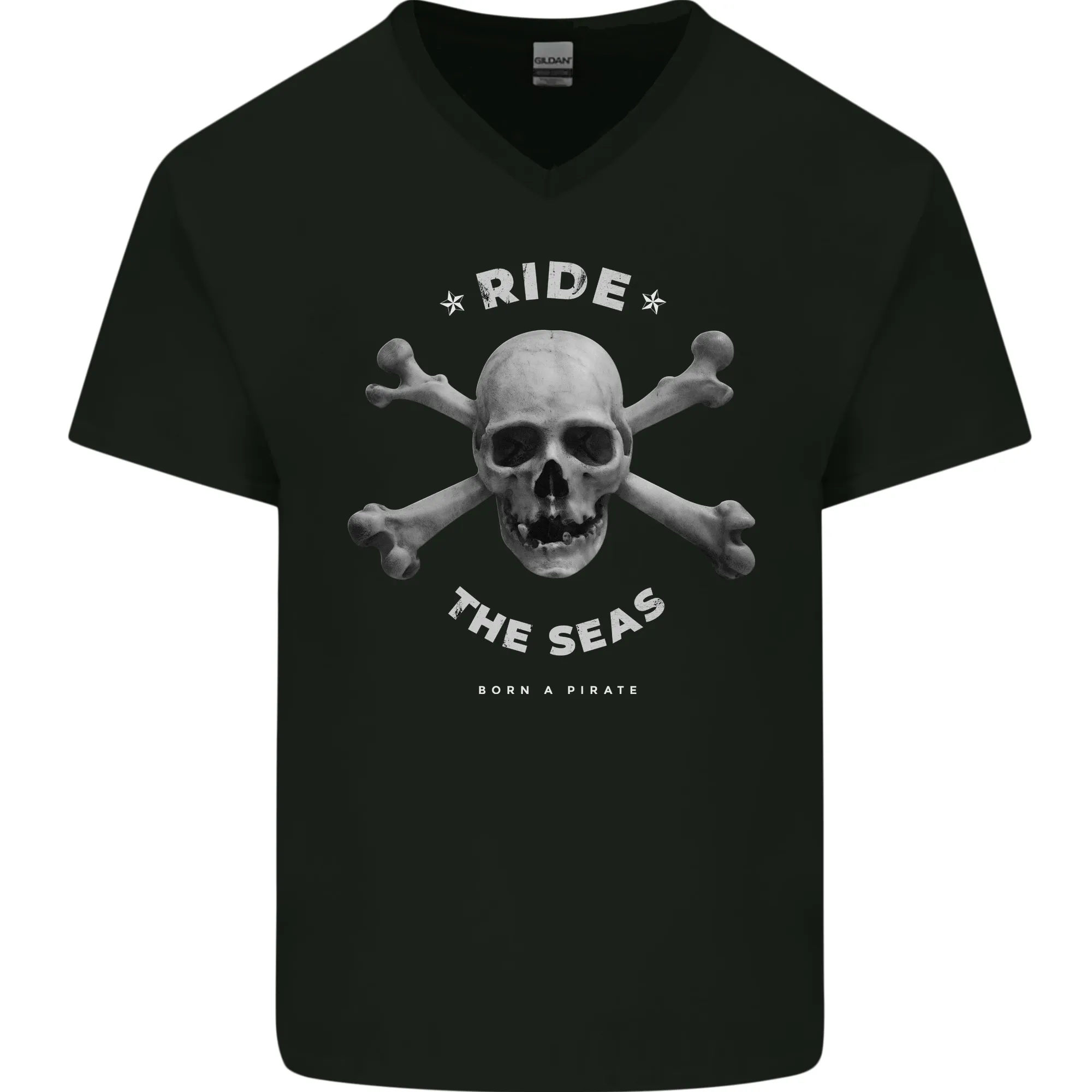 Ride the Seas Jolly Roger Skull Pirates Sailing Mens V-Neck Cotton T-Shirt