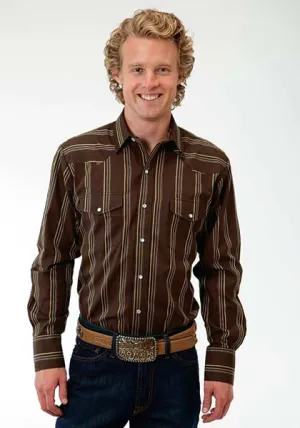 Roper Men's Wide Brown Stipe Long Sleeve Snap Shirt