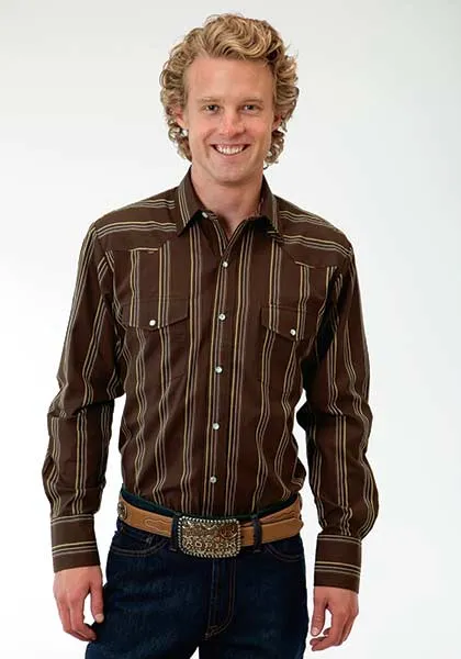 Roper Men's Wide Brown Stipe Long Sleeve Snap Shirt