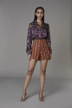 Saaksha & KinniÂ    I   Purple semi circle satin shirt  Brown rust stripe poplin shorts Shirt - Satin  Shorts - Satin  Shirt - Purple  Shorts - Rust   SS22057    SS22058