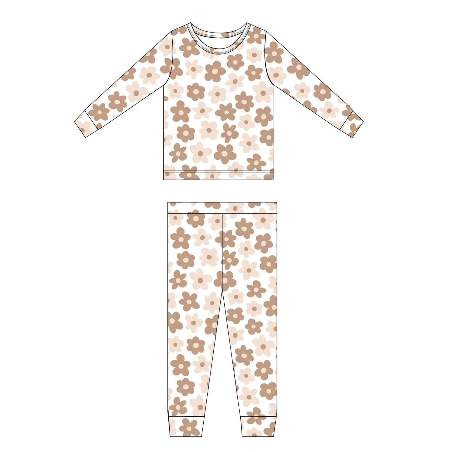 Sad Beige Daisy Two Piece Long Sleeve Pajama Set- FINAL SALE