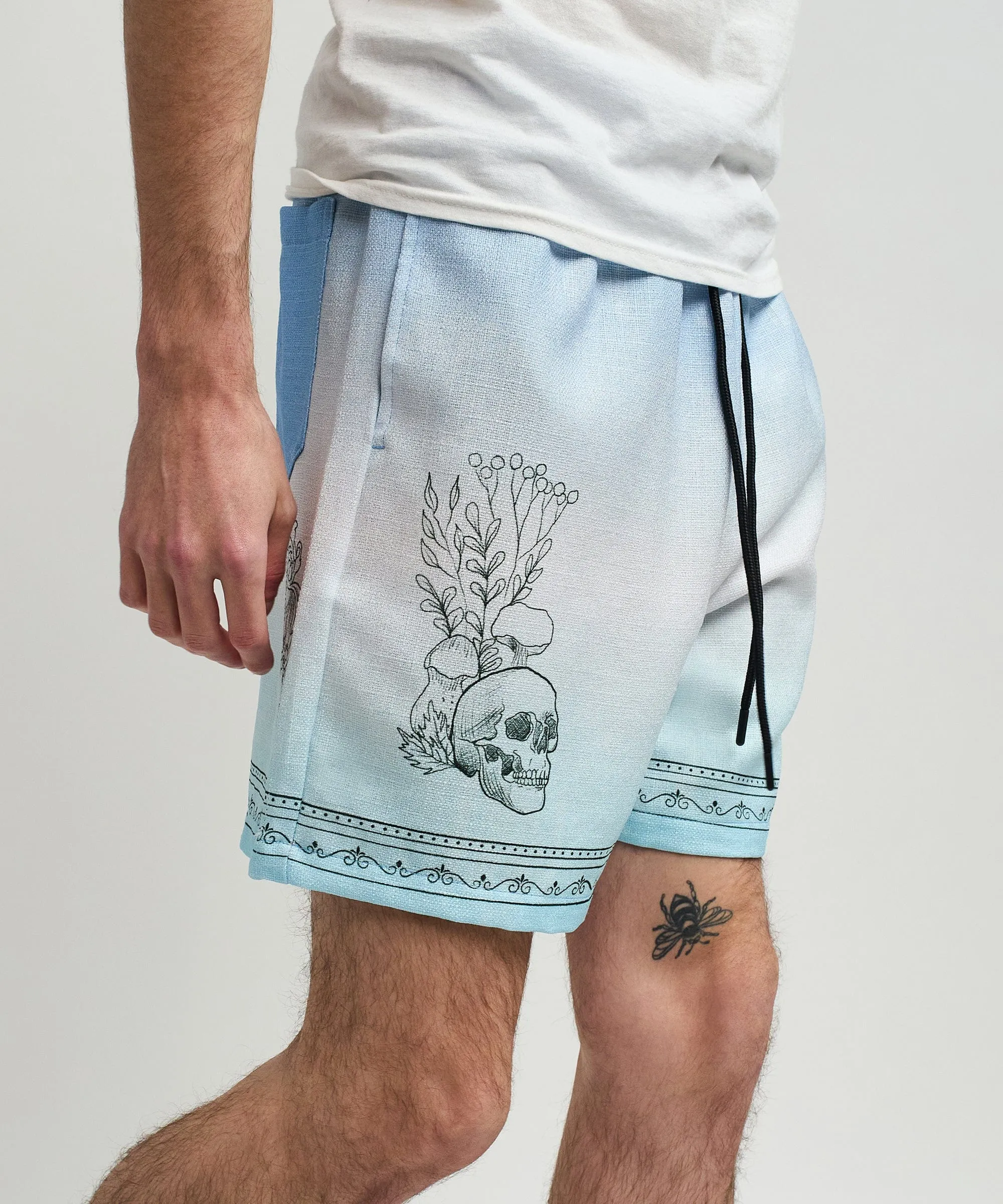Styx Skulls Linen Texture Allover Print Shorts - Light Blue