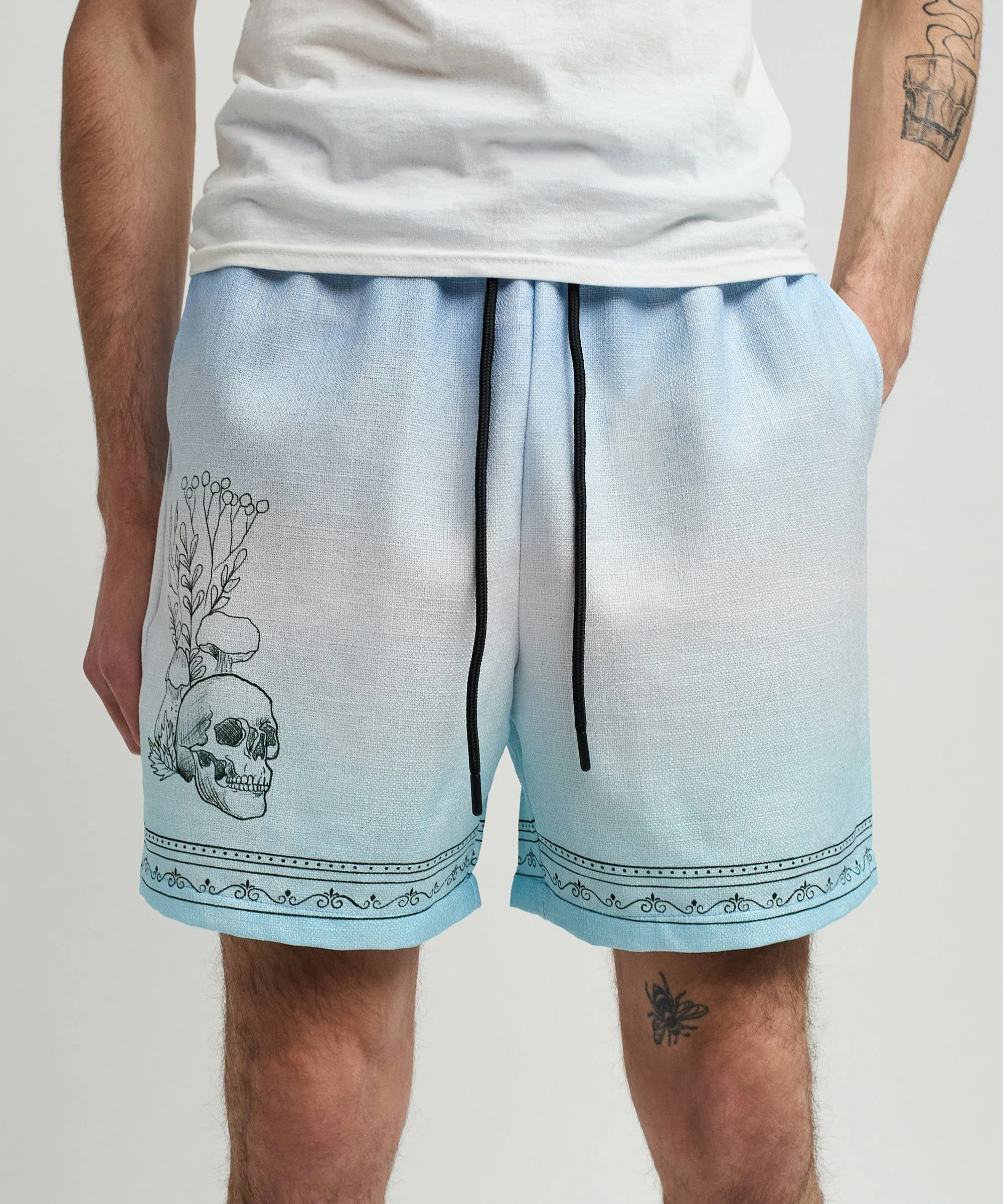 Styx Skulls Linen Texture Allover Print Shorts - Light Blue