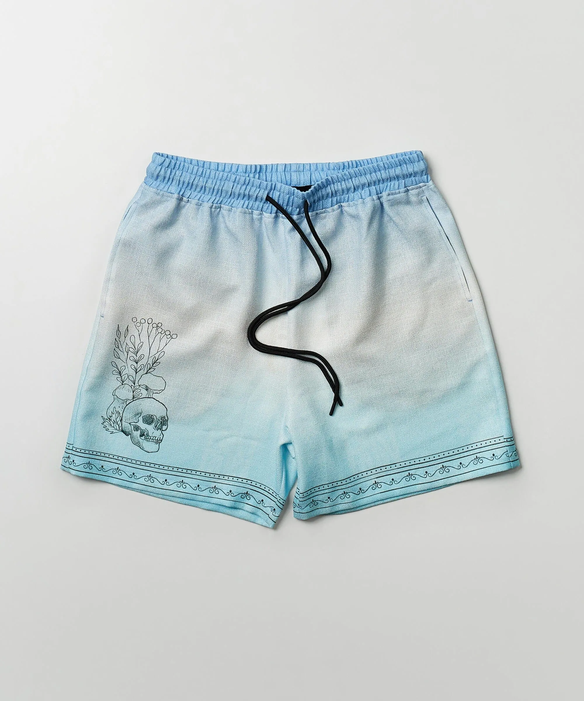 Styx Skulls Linen Texture Allover Print Shorts - Light Blue