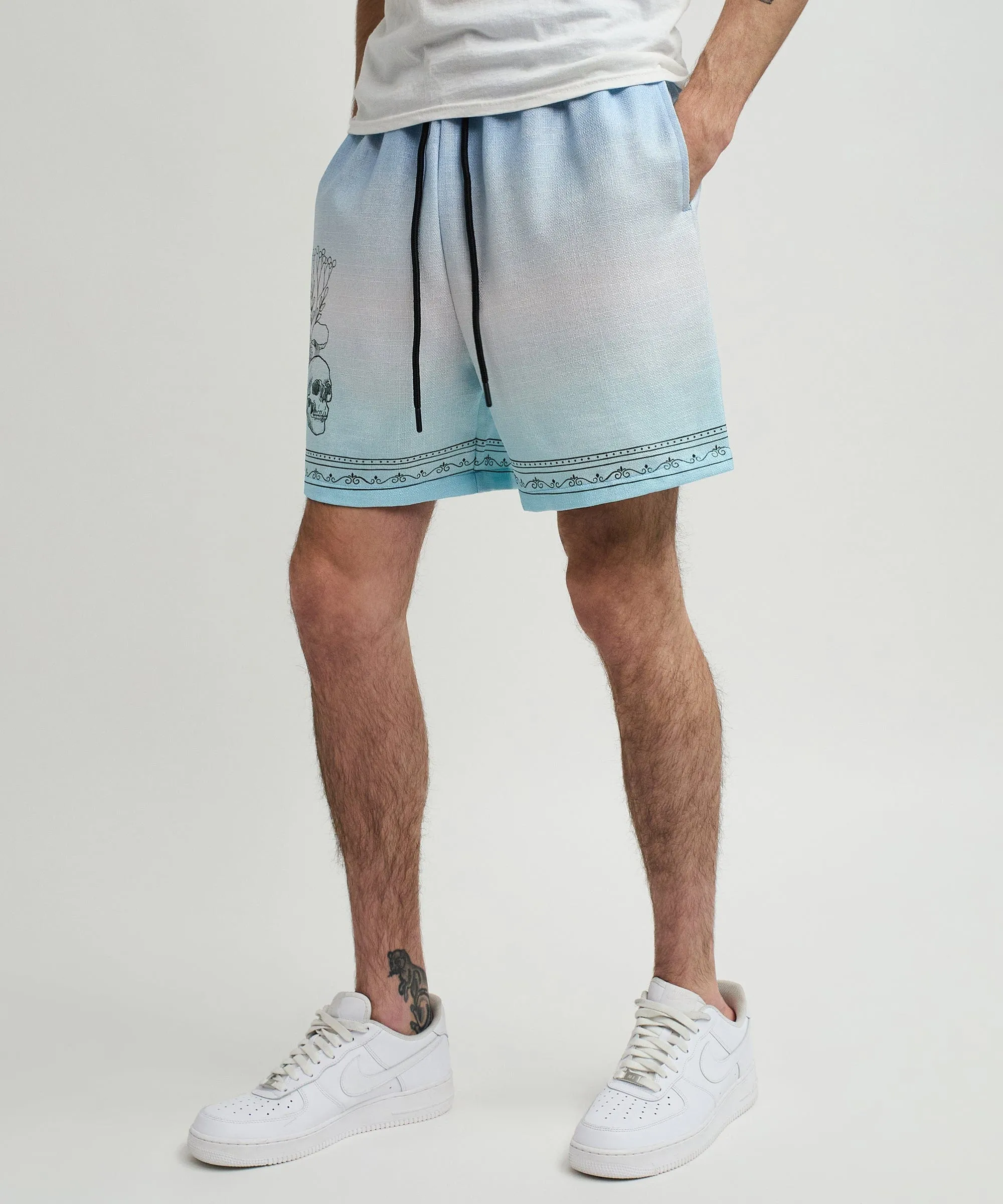 Styx Skulls Linen Texture Allover Print Shorts - Light Blue