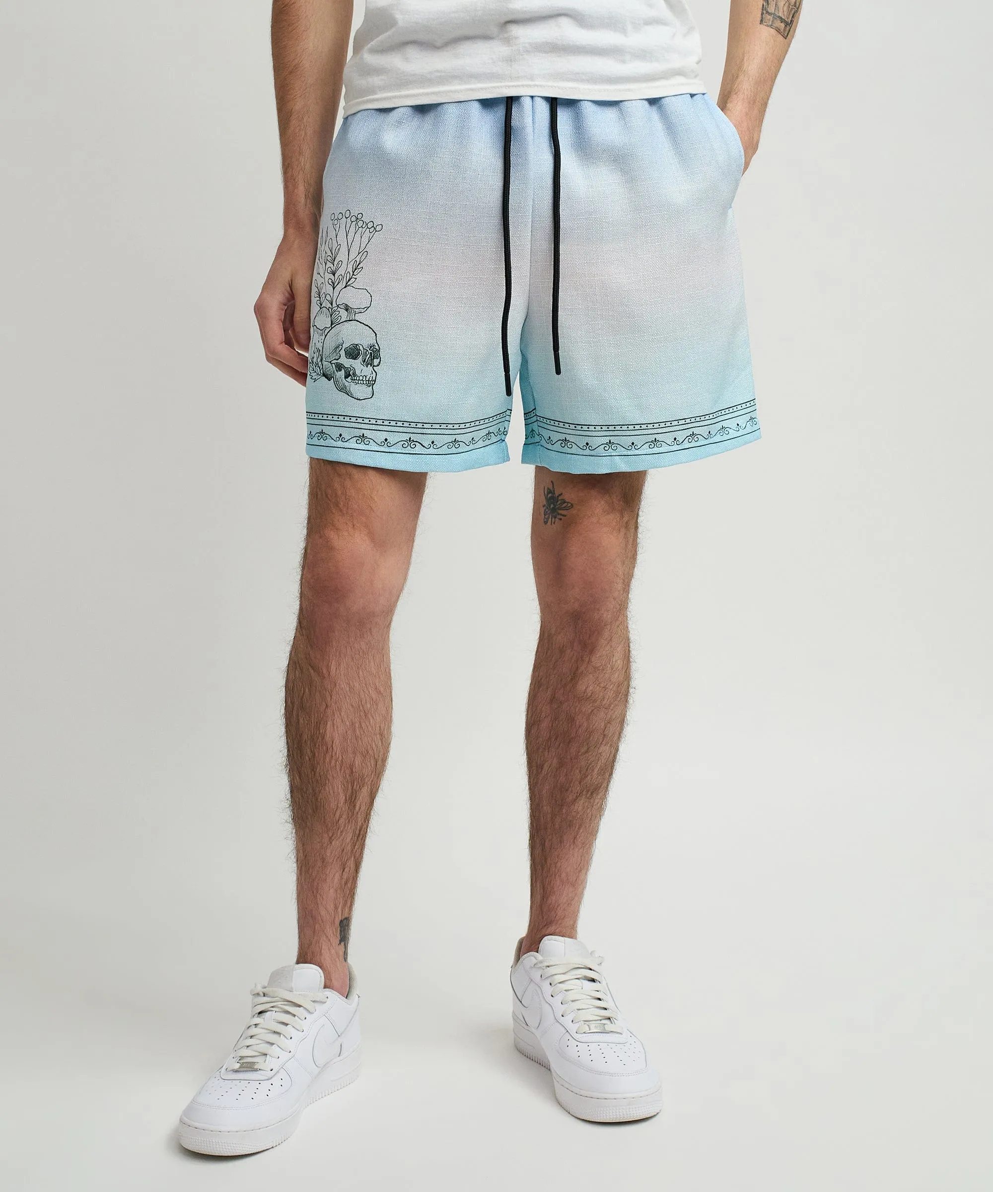 Styx Skulls Linen Texture Allover Print Shorts - Light Blue