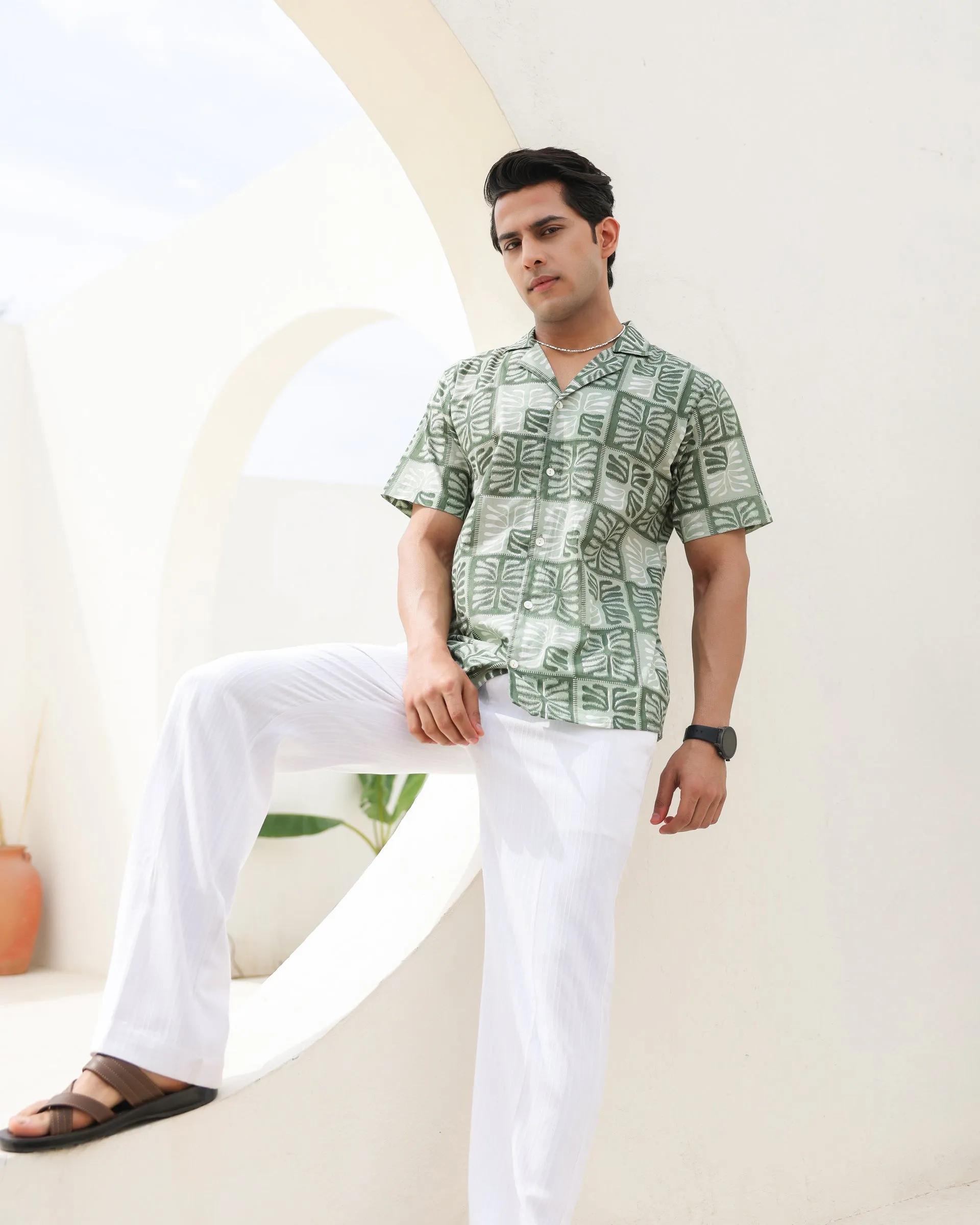 Tropical Sage Leaf Printed Cuban Collar Shirt